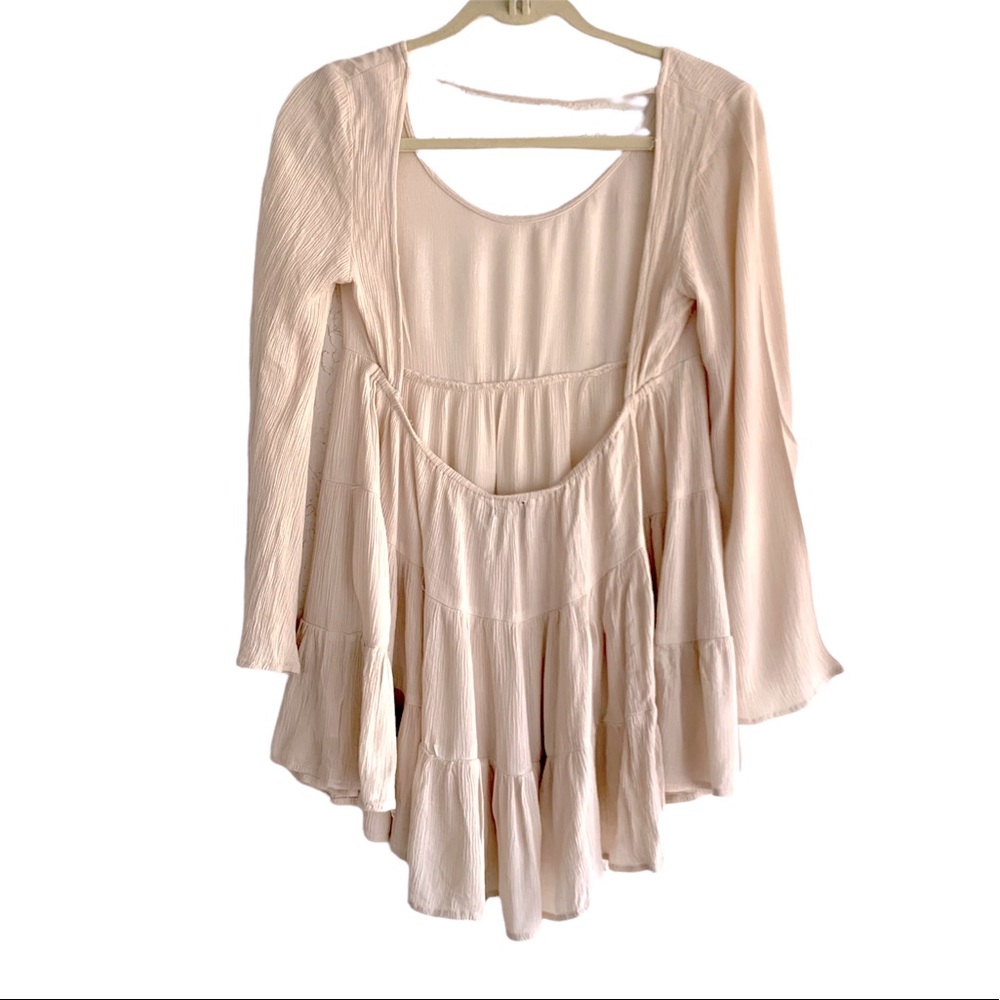 BOHO Open Back,,Long Bell Sleeve, Ruffle Tiered, Top Blouse Cream Size S